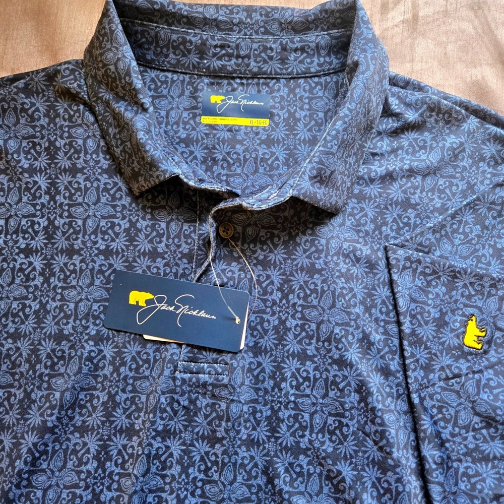 Jack Nicklaus Mens XL Polo Shirt Mood Indigo Medallion Print Golden Bear NWT‎